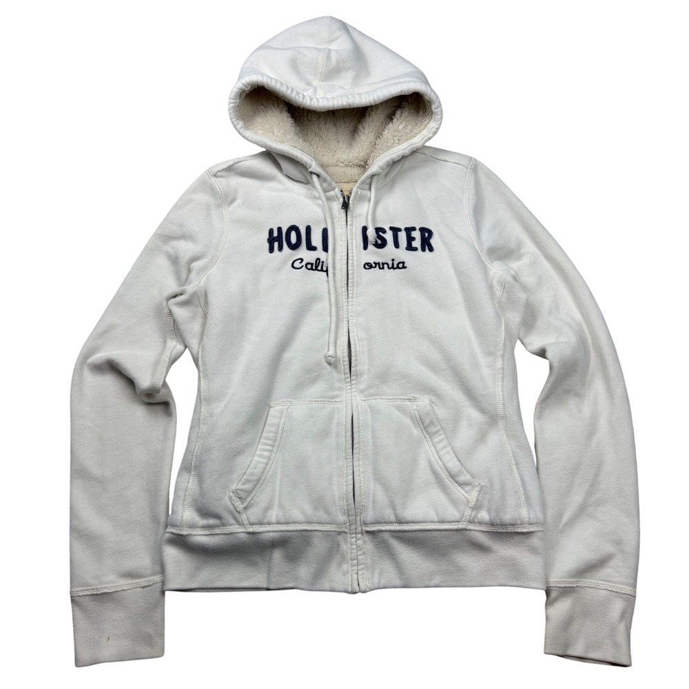 VTG Y2K Hollister California Sherpa Lined Full Zip Hoodie Large Puff Print